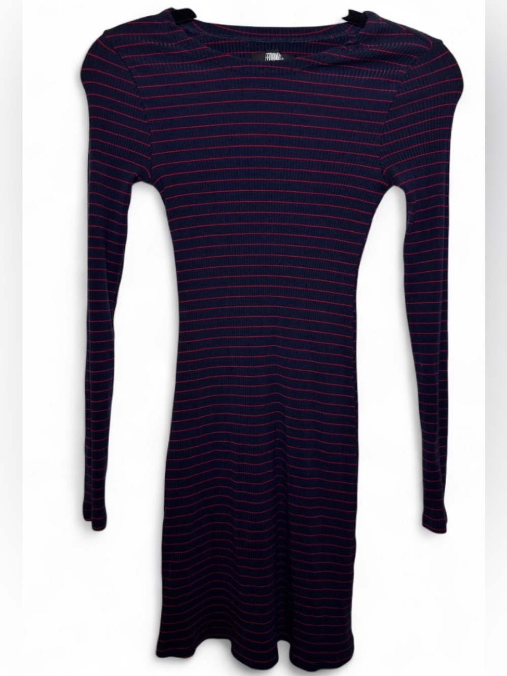 Reformation Navy Blue Red Striped Ribbed Long Sleeve Mini Dress Small